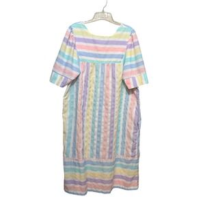 Vintage Saybury Pastel Rainbow Stripe House Dress Square Neck Pockets Midi Mens